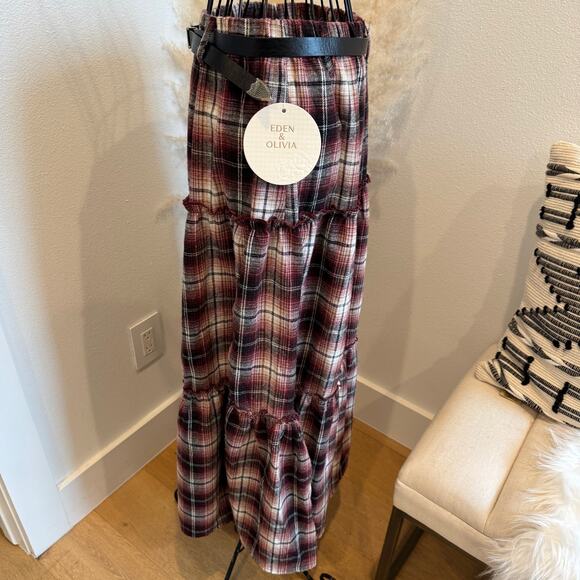 Eden & Olivia Red Plaid Flannel Belted Maxi Skirt NEW Medium - Picture 4 of 11
